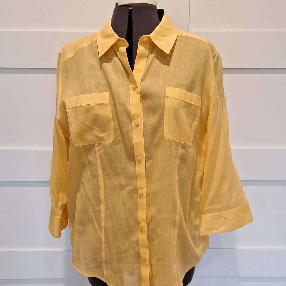 Chico's Yellow 3/4 Sleeve Button Down Shirt